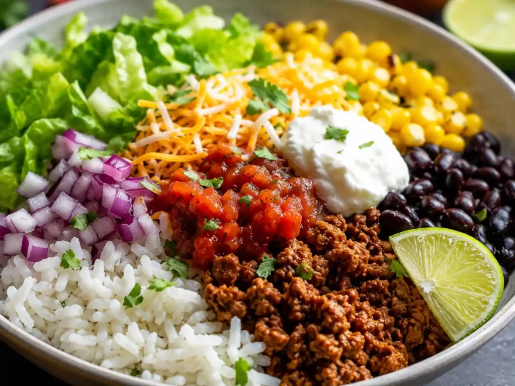 Close-up taco protein bowl with fluffy rice, seasoned ground protein, black beans, corn, salsa, lettuce, lime, and creamy topping.