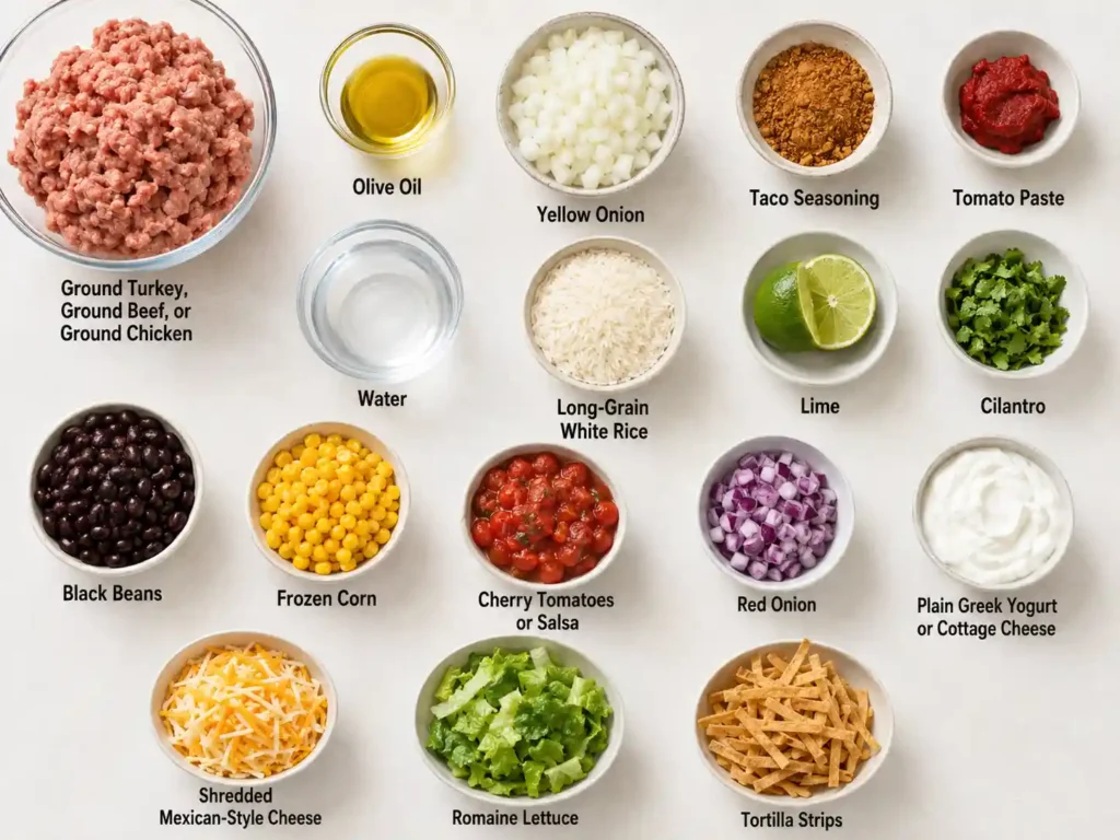 Labeled ingredients for taco protein bowls including ground protein, rice, black beans, corn, salsa, lettuce, lime, and toppings.