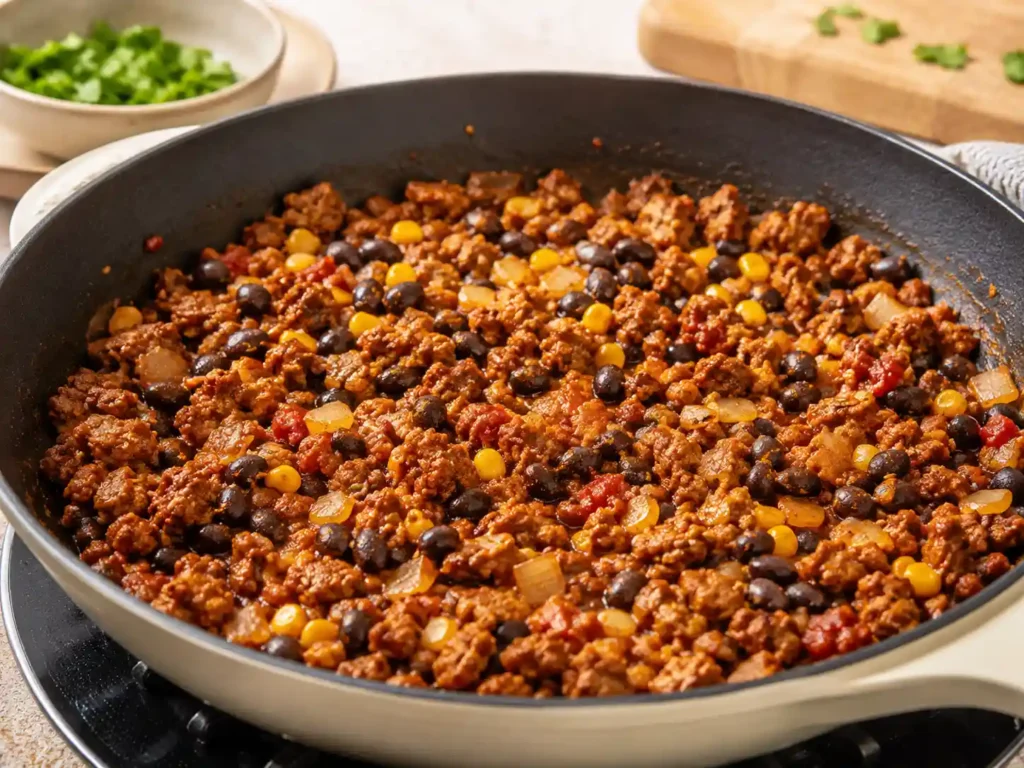 Taco-seasoned ground protein cooking in a skillet with onion, tomato paste, black beans, and corn.