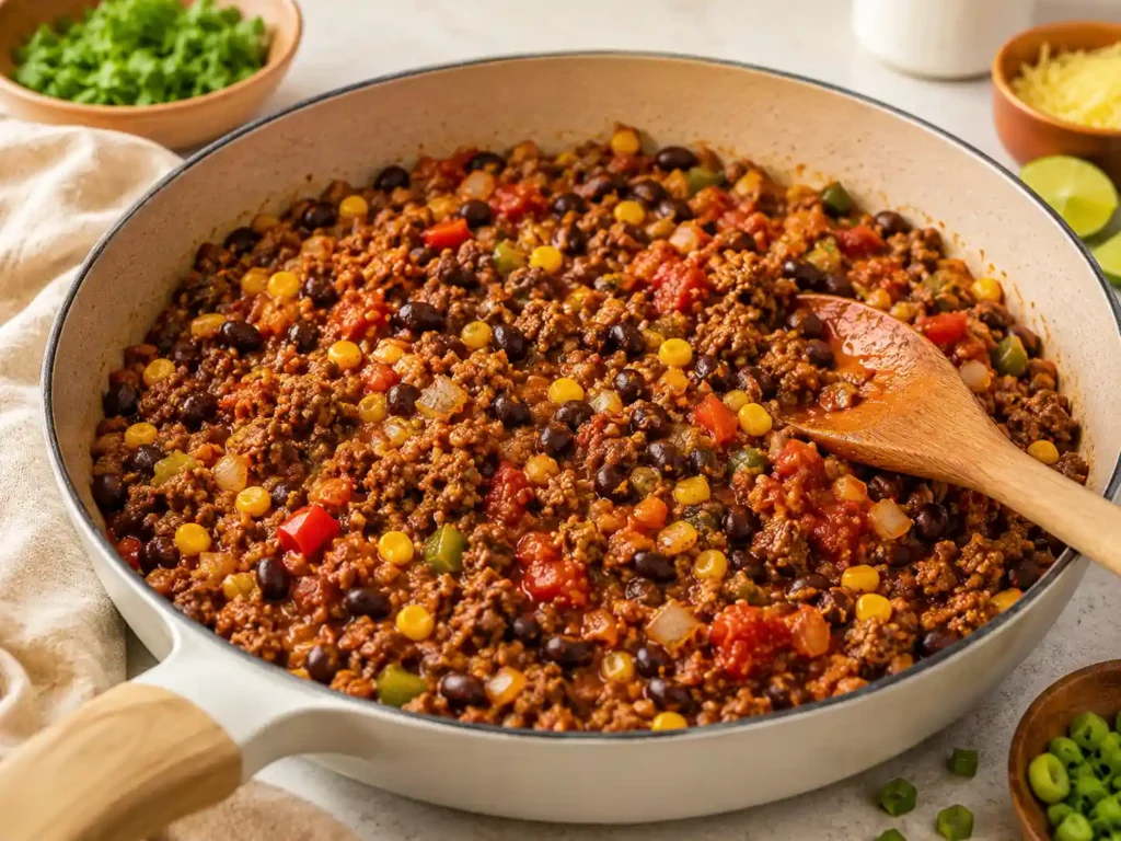 Seasoned ground beef cooking in a skillet with beans, corn, onion, and bell pepper