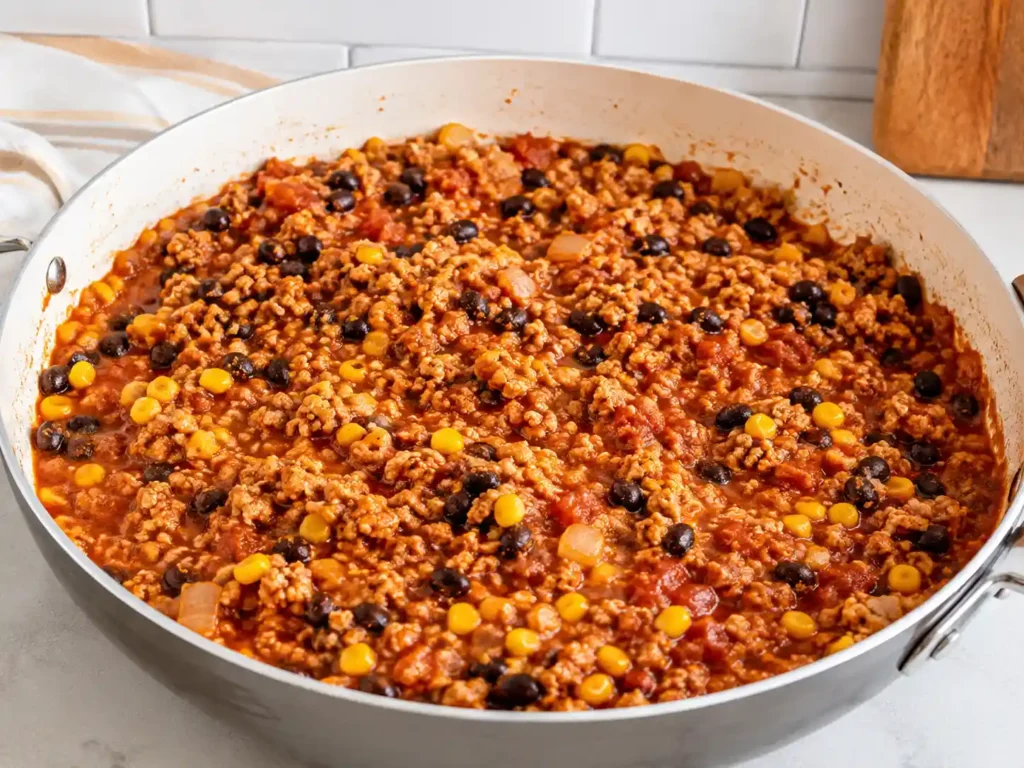 Taco-seasoned ground turkey with black beans, corn, onion, tomato paste, and salsa cooking in a skillet.