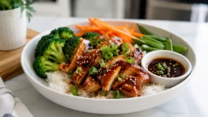 Teriyaki chicken rice bowl with glossy chicken, fluffy rice, broccoli, carrots, green onions, and sesame seeds.