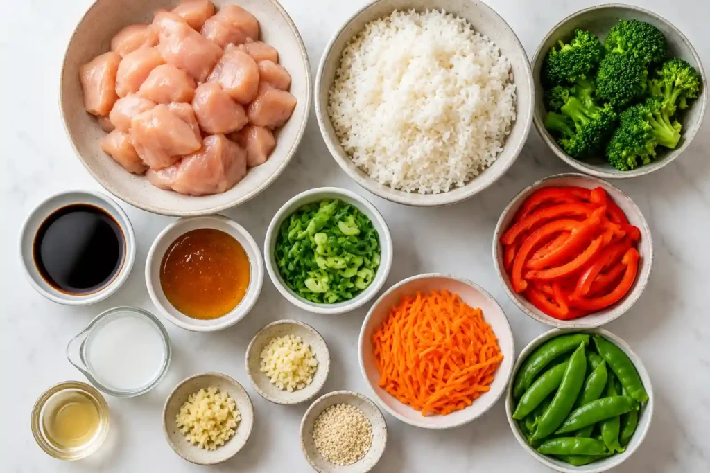 Ingredients for teriyaki chicken rice bowls including chicken, rice, soy sauce, honey, garlic, ginger, broccoli, carrots, and green onions.