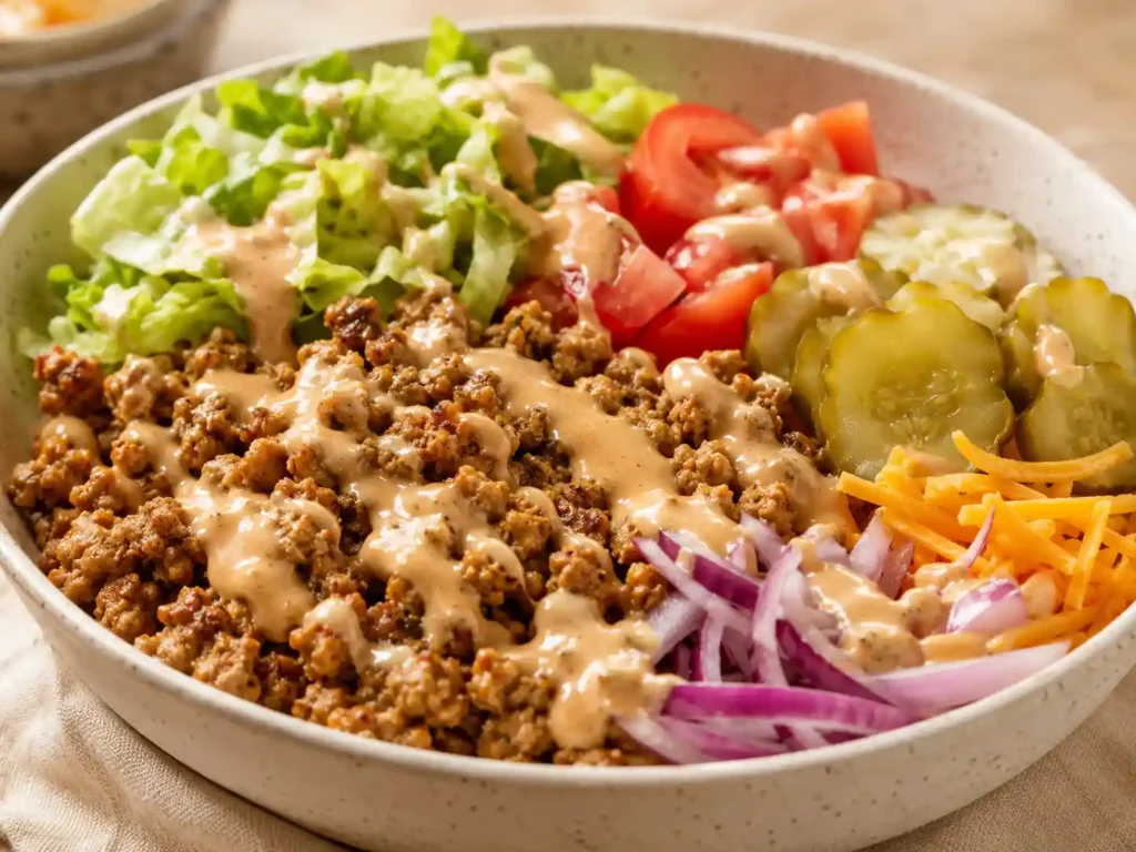 Close-up of a turkey burger bowl with ground turkey, crisp lettuce, pickles, tomatoes, red onion, cheddar, and creamy sauce.