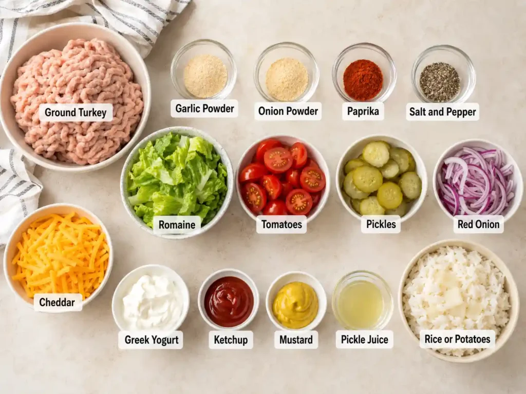 Labeled ingredients for a turkey burger bowl including ground turkey, lettuce, tomatoes, pickles, red onion, cheddar, Greek yogurt, ketchup, mustard, and seasonings.