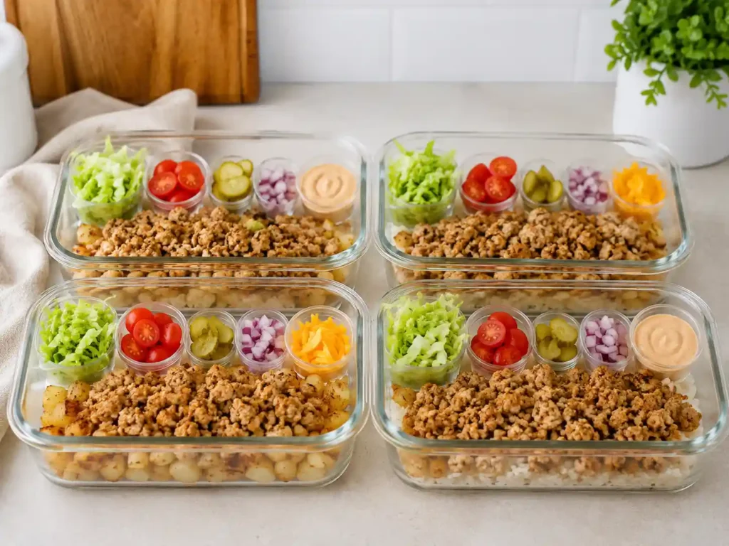 Turkey burger bowl meal prep containers with ground turkey, rice or potatoes, lettuce, tomatoes, pickles, onion, and sauce stored separately.