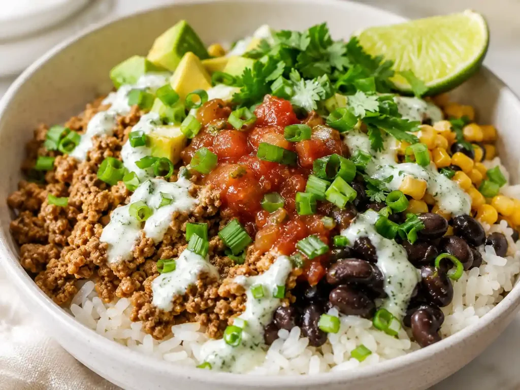 Close-up of a turkey taco rice bowl showing fluffy rice, seasoned ground turkey, black beans, corn, salsa, lime, and creamy yogurt sauce.