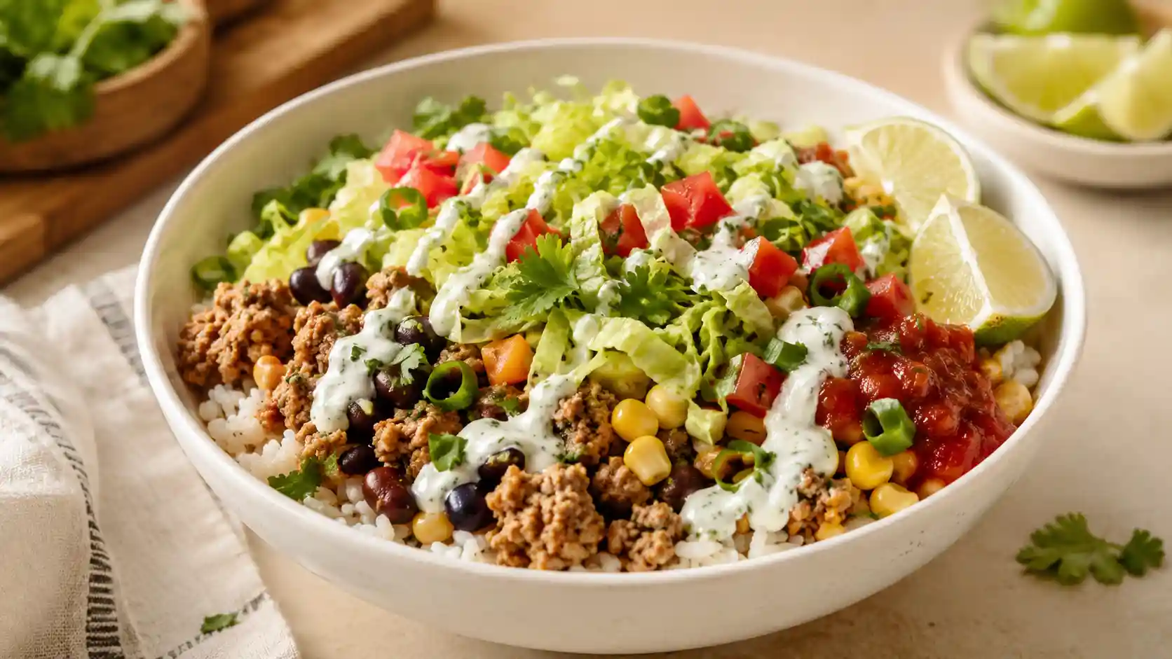 Turkey taco rice bowl with seasoned ground turkey, rice, black beans, corn, salsa, lime, lettuce, and yogurt sauce.