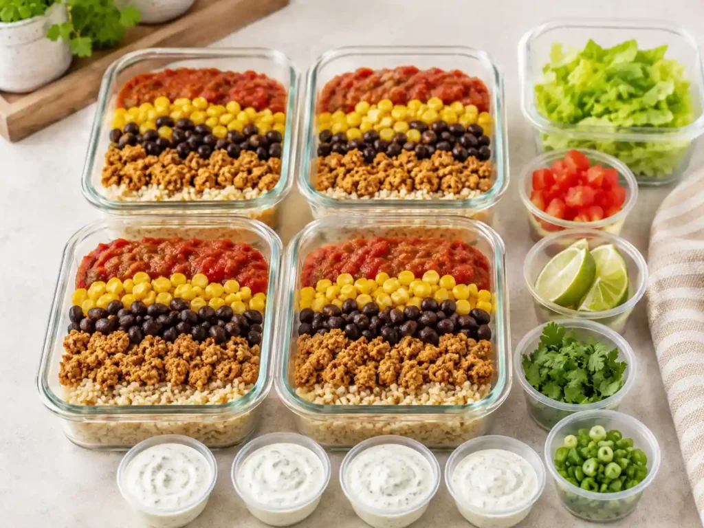 Meal prep containers filled with turkey taco rice bowls, with rice, ground turkey, beans, corn, salsa, and sauce stored separately.