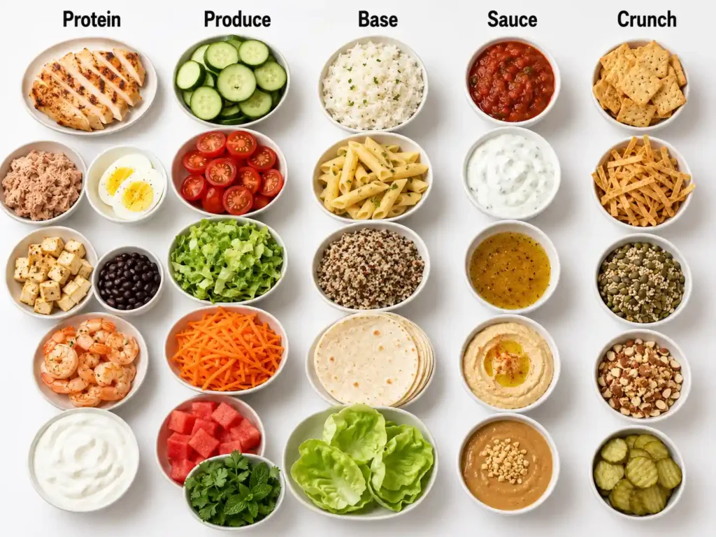 Summer side ideas with cucumber tomato salad, fruit salad, watermelon, pickles, pita chips, cold rice, and Greek yogurt sauce