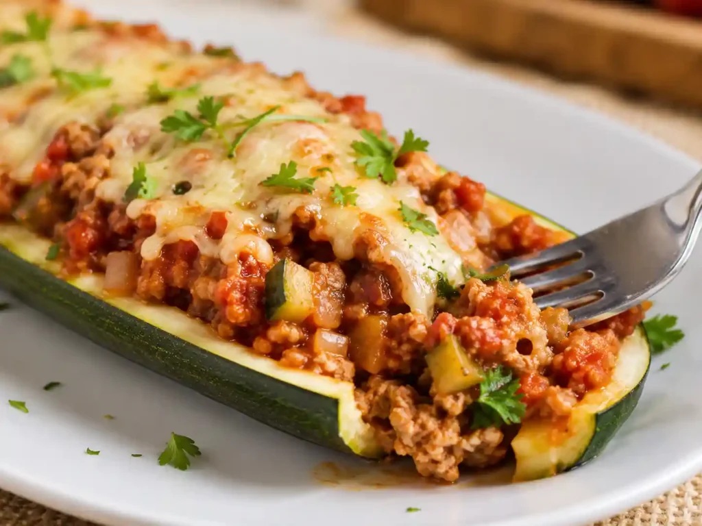 Close-up of a ground turkey zucchini boat with tomato turkey filling, tender zucchini, herbs, and melted cheese.