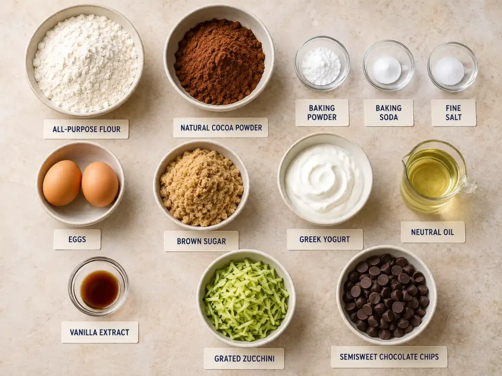 Labeled ingredients for chocolate zucchini muffins