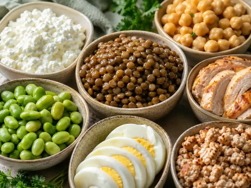 Sharp close-up of cottage cheese, lentils, chickpeas, edamame, sliced egg, and browned ground turkey in small dishes.