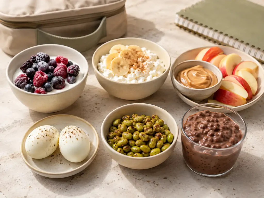 After-school snacks with protein including Greek yogurt, cottage cheese, eggs, edamame, fruit, and peanut butter dip.