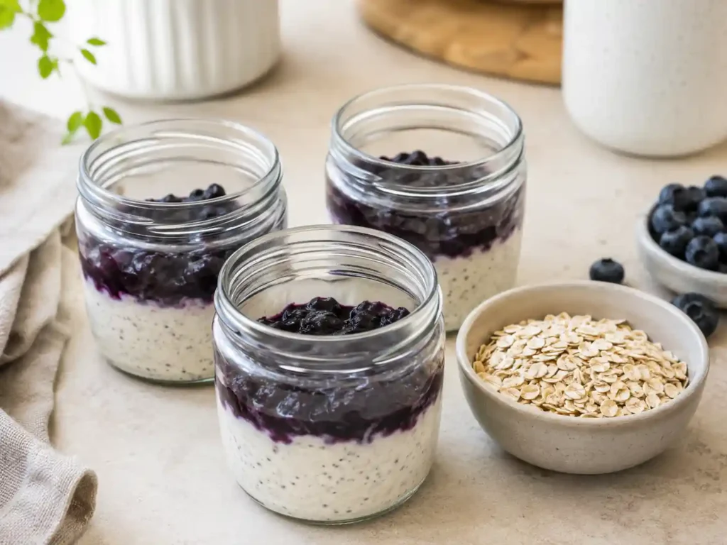 Layering blueberry cottage cheese meal prep cups in small jars