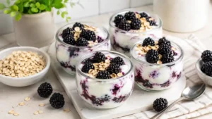 Blackberry Greek yogurt protein cups layered in small jars with fresh blackberries and oats.