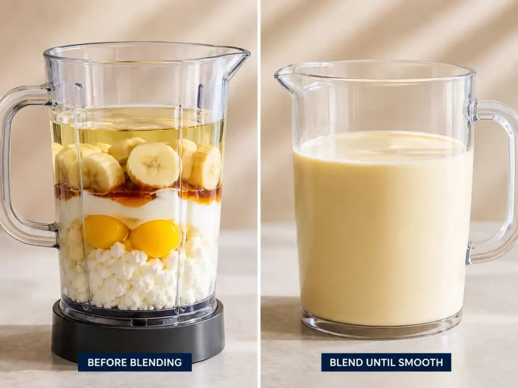 Cottage cheese oatmeal mixture before and after blending until smooth