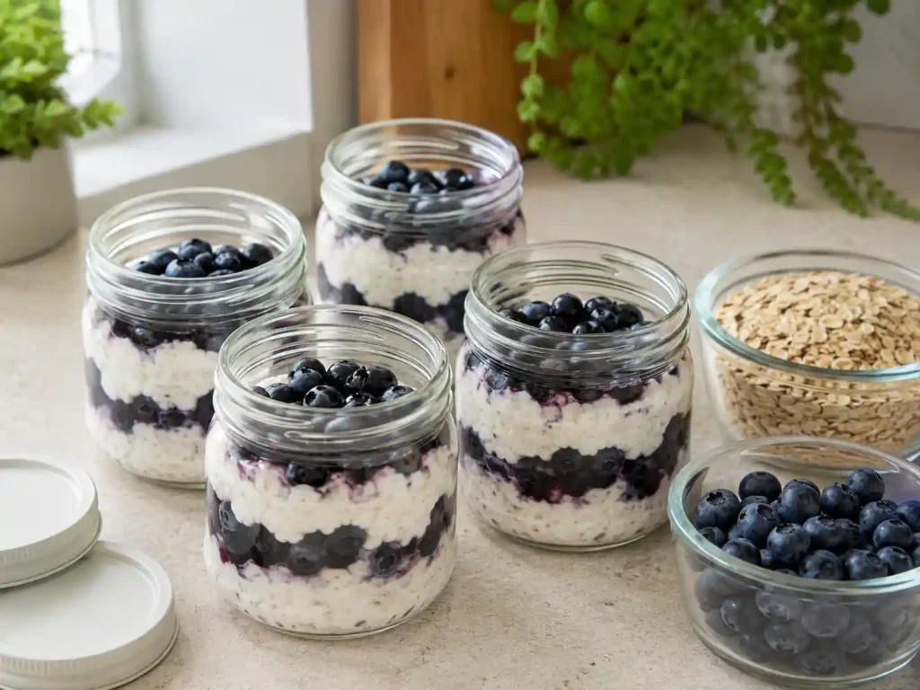 Blueberry cottage cheese cups in jars for meal prep