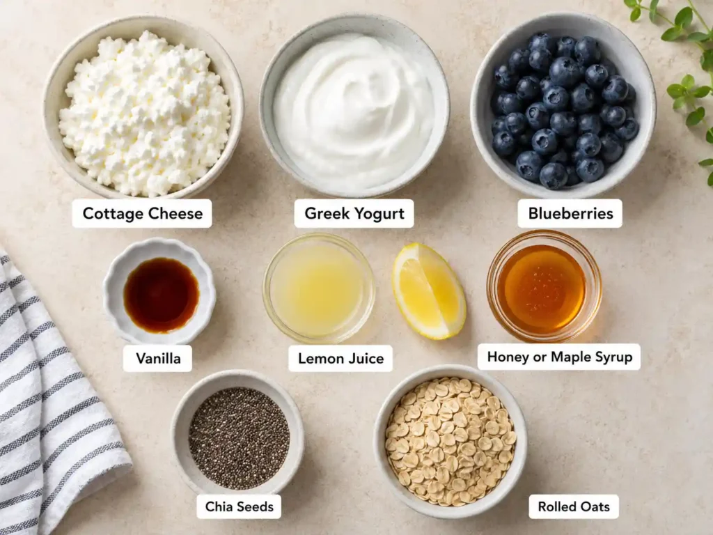 Labeled ingredients for blueberry cottage cheese meal prep cups