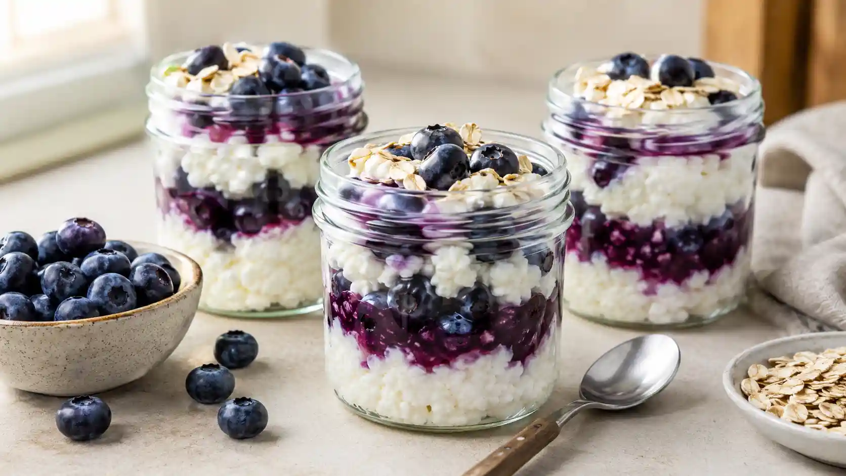 Blueberry cottage cheese meal prep cups in jars with blueberries and oats