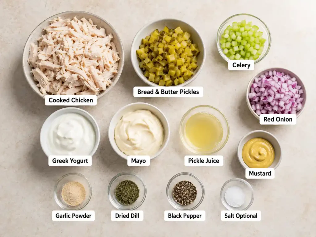 Labeled ingredients for bread and butter pickle chicken salad