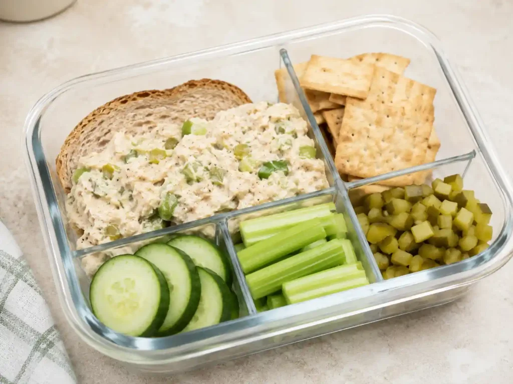 Bread and butter pickle chicken salad meal prep box with crackers and vegetables