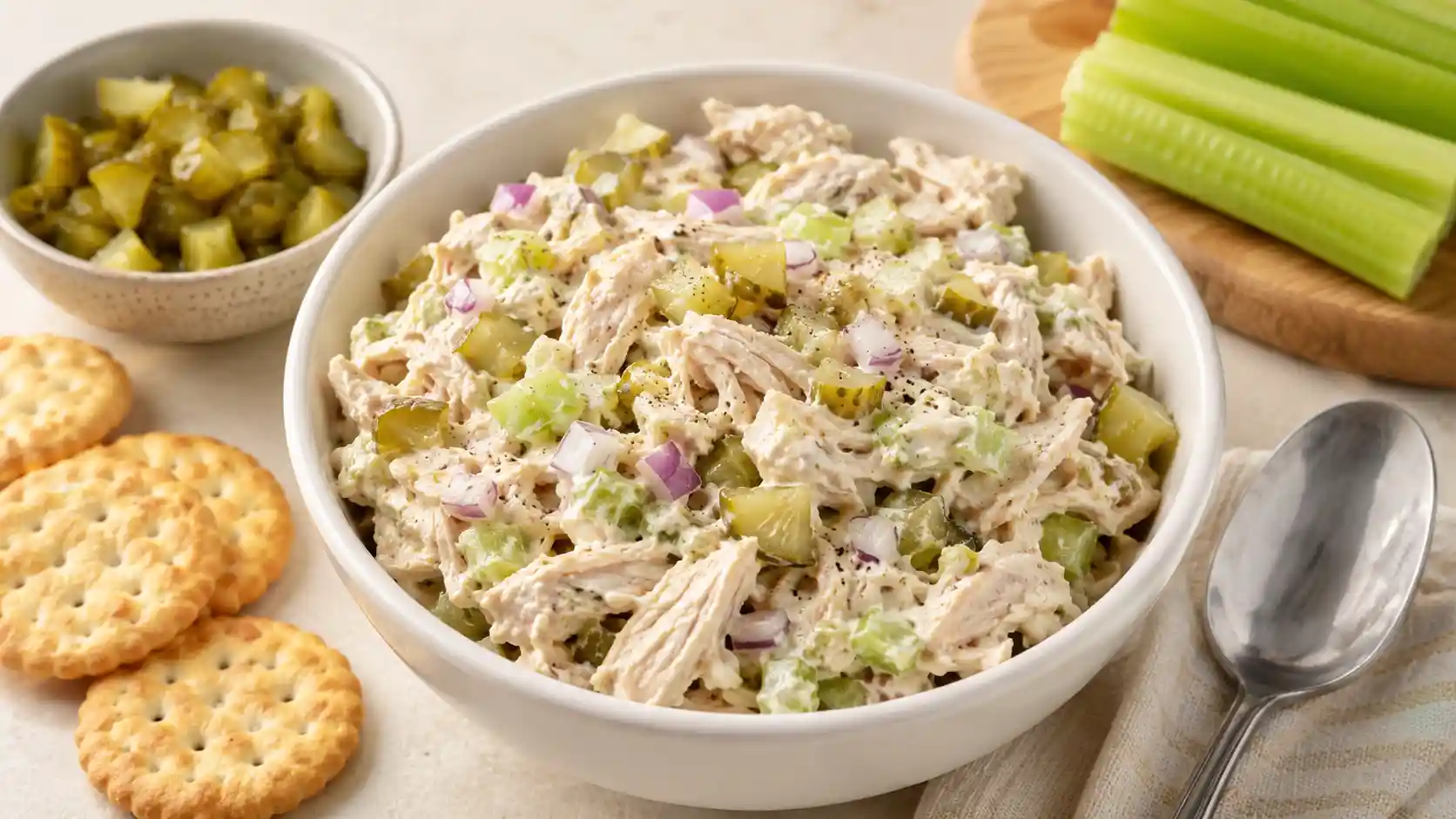 Bread and butter pickle chicken salad in a bowl with crackers and chopped pickles