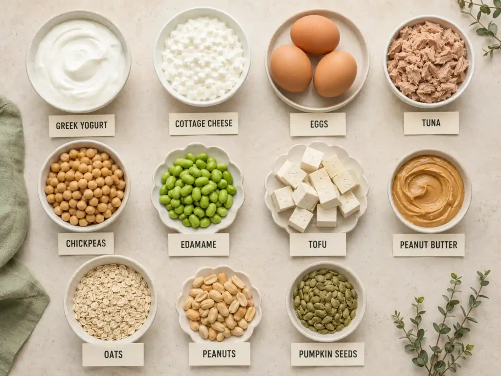 Labeled Greek yogurt, cottage cheese, eggs, tuna, chickpeas, edamame, tofu, peanut butter, oats, peanuts, and seeds for budget snacks.