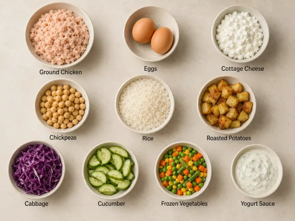 Labeled ingredients for budget protein bowls including ground chicken, eggs, cottage cheese, chickpeas, rice, potatoes, cabbage, cucumber, frozen vegetables, and yogurt sauce.