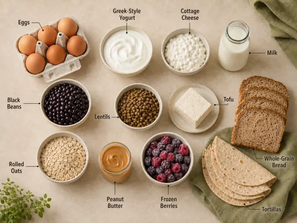 Labeled breakfast staples including eggs, Greek-style yogurt, cottage cheese, milk, beans, lentils, tofu, oats, peanut butter, frozen berries, bread, and tortillas.