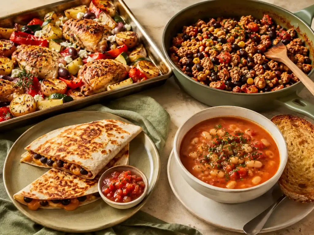 Four budget protein dinner formats including sheet pan chicken, turkey bean skillet, black bean quesadillas, and white bean tomato soup.