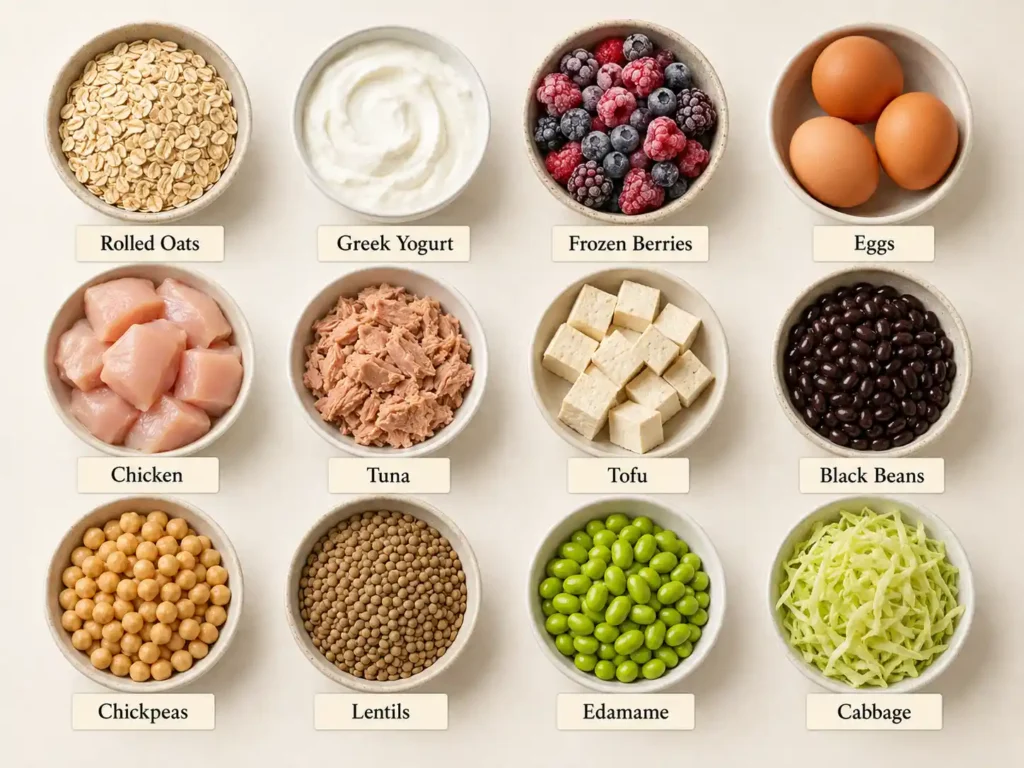 Labeled meal prep ingredients including oats, Greek yogurt, berries, eggs, chicken, tuna, tofu, beans, chickpeas, lentils, edamame, and cabbage.