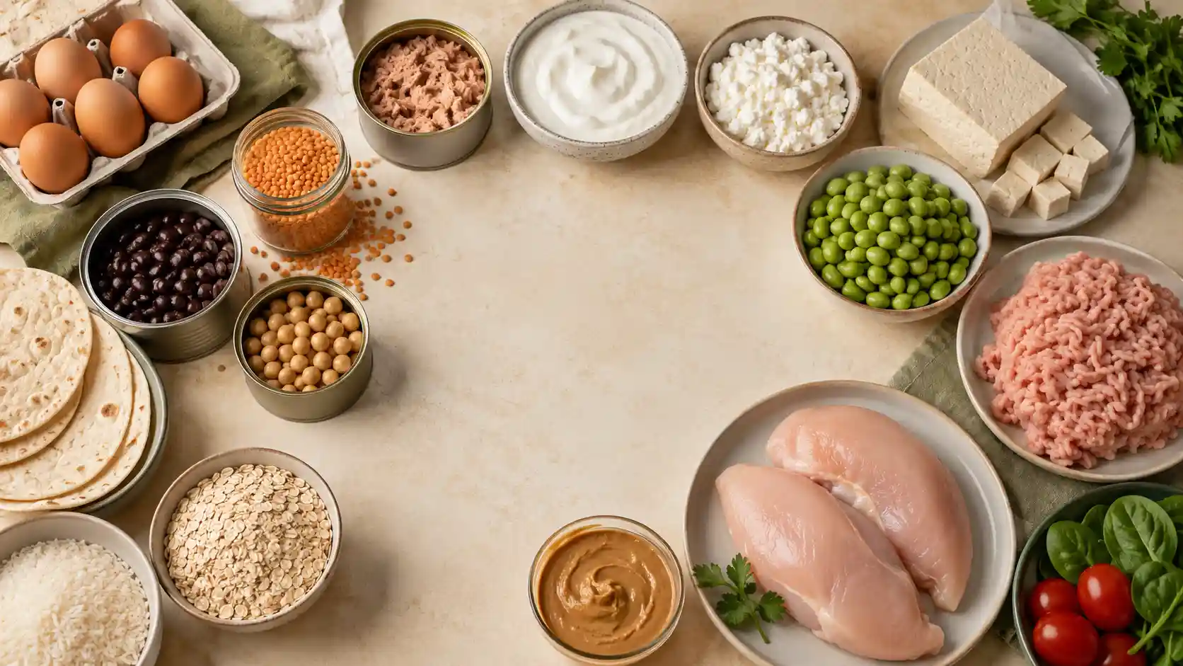 Affordable protein grocery spread with eggs, beans, lentils, tuna, yogurt, cottage cheese, tofu, edamame, chicken, ground turkey, and peanut butter.