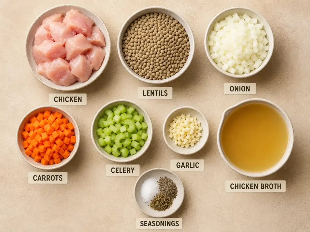 Ingredients for chicken lentil soup arranged and labeled on a beige kitchen surface