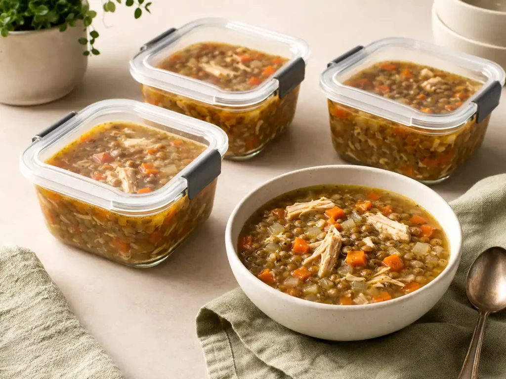 Chicken lentil soup portioned into neutral meal-prep containers