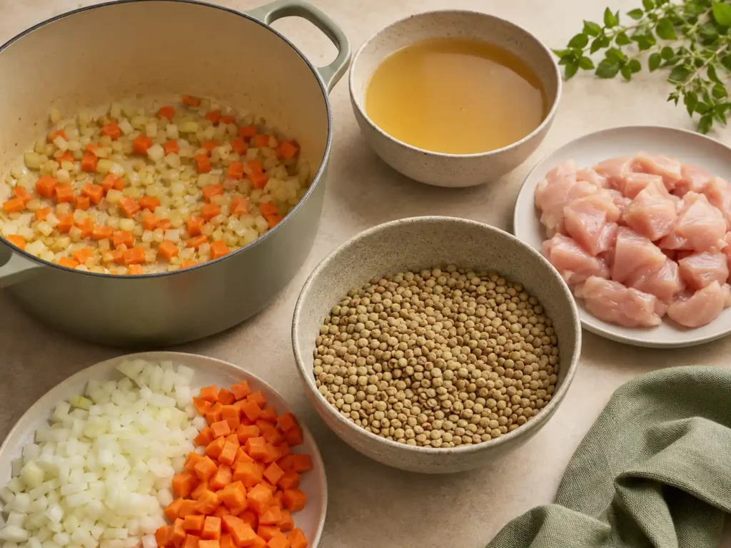 Vegetables, lentils, chicken, and broth prepared for a pot of chicken lentil soup