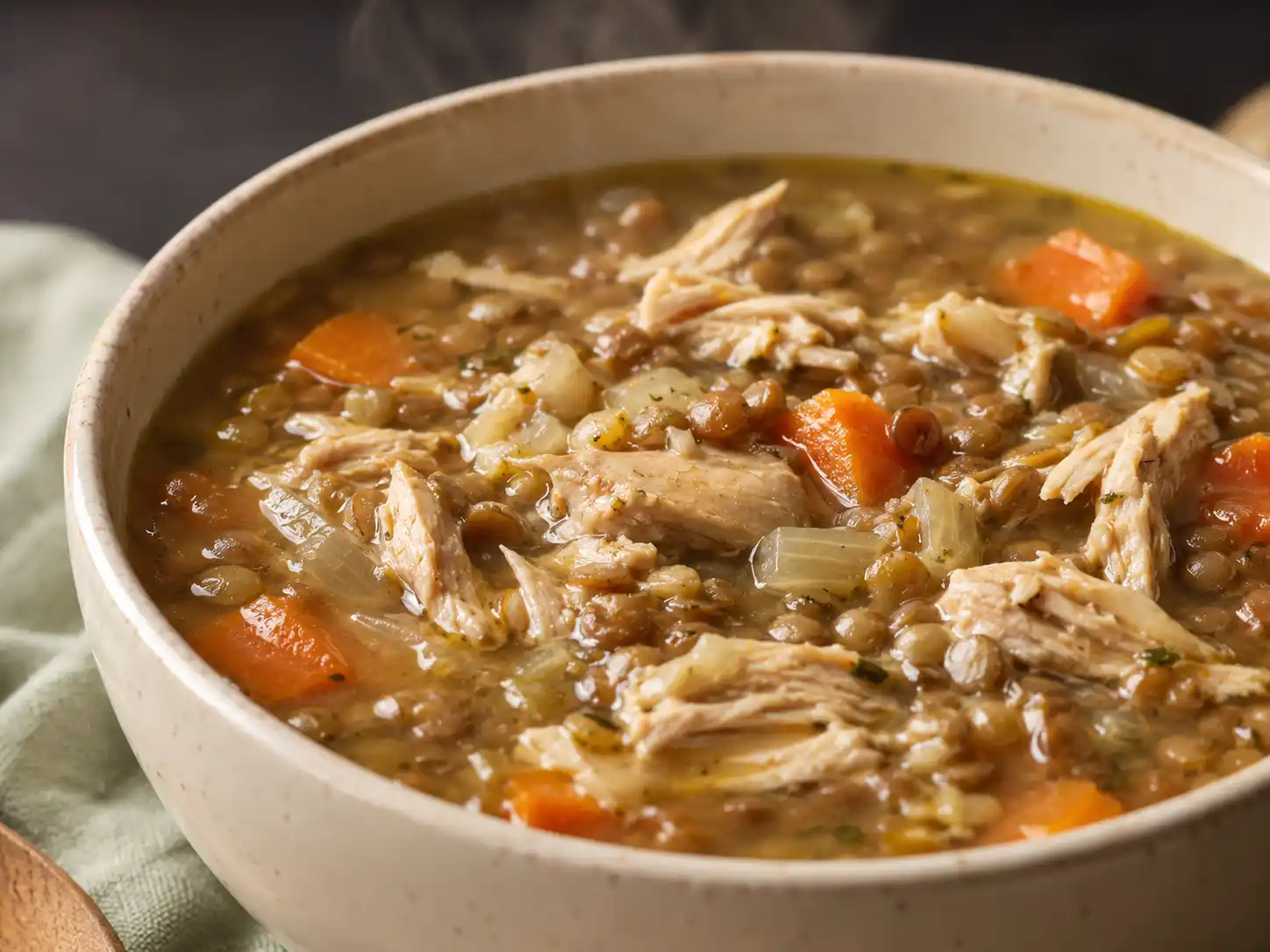 Close-up of chicken lentil soup showing tender chicken, lentils, carrots, and thick broth