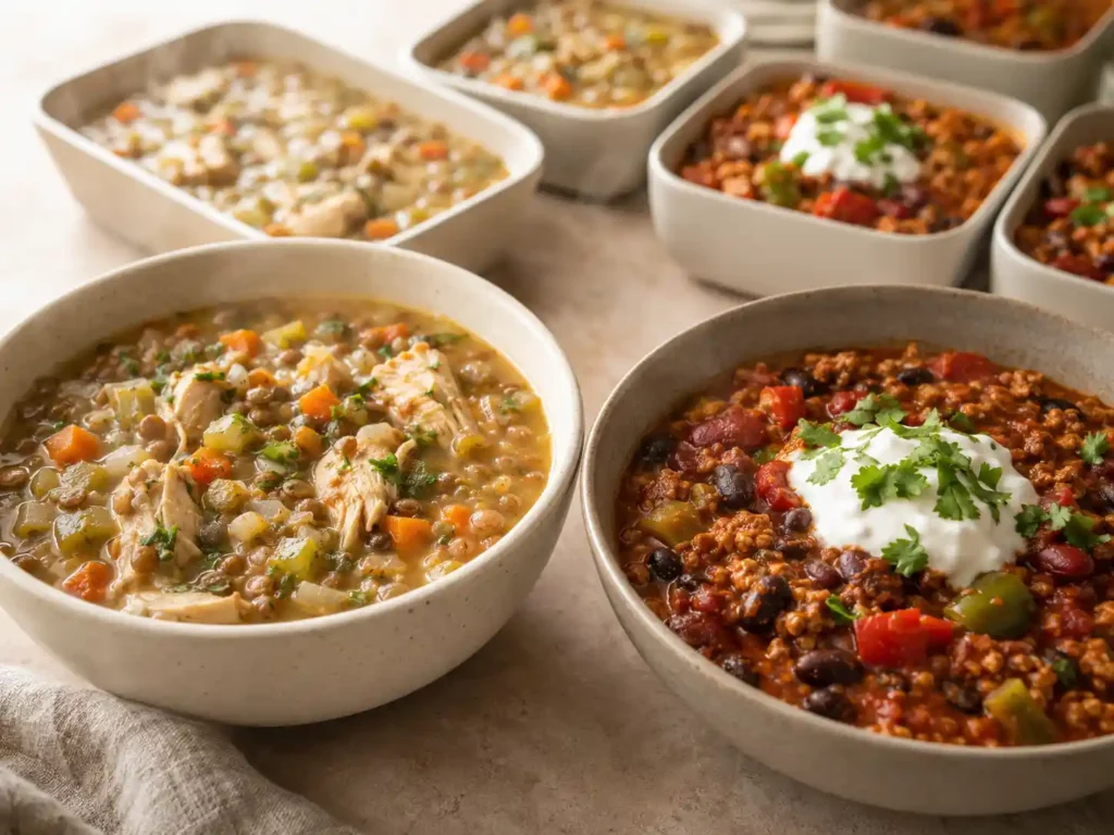 Chicken lentil soup and ground turkey bean chili portioned for budget meal prep.