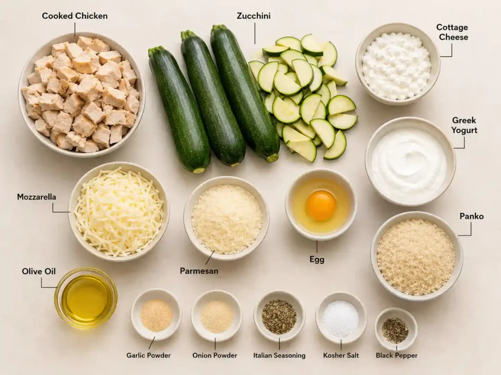 Labeled ingredients for chicken zucchini casserole, including chicken, zucchini, cottage cheese, yogurt, cheese, and panko.