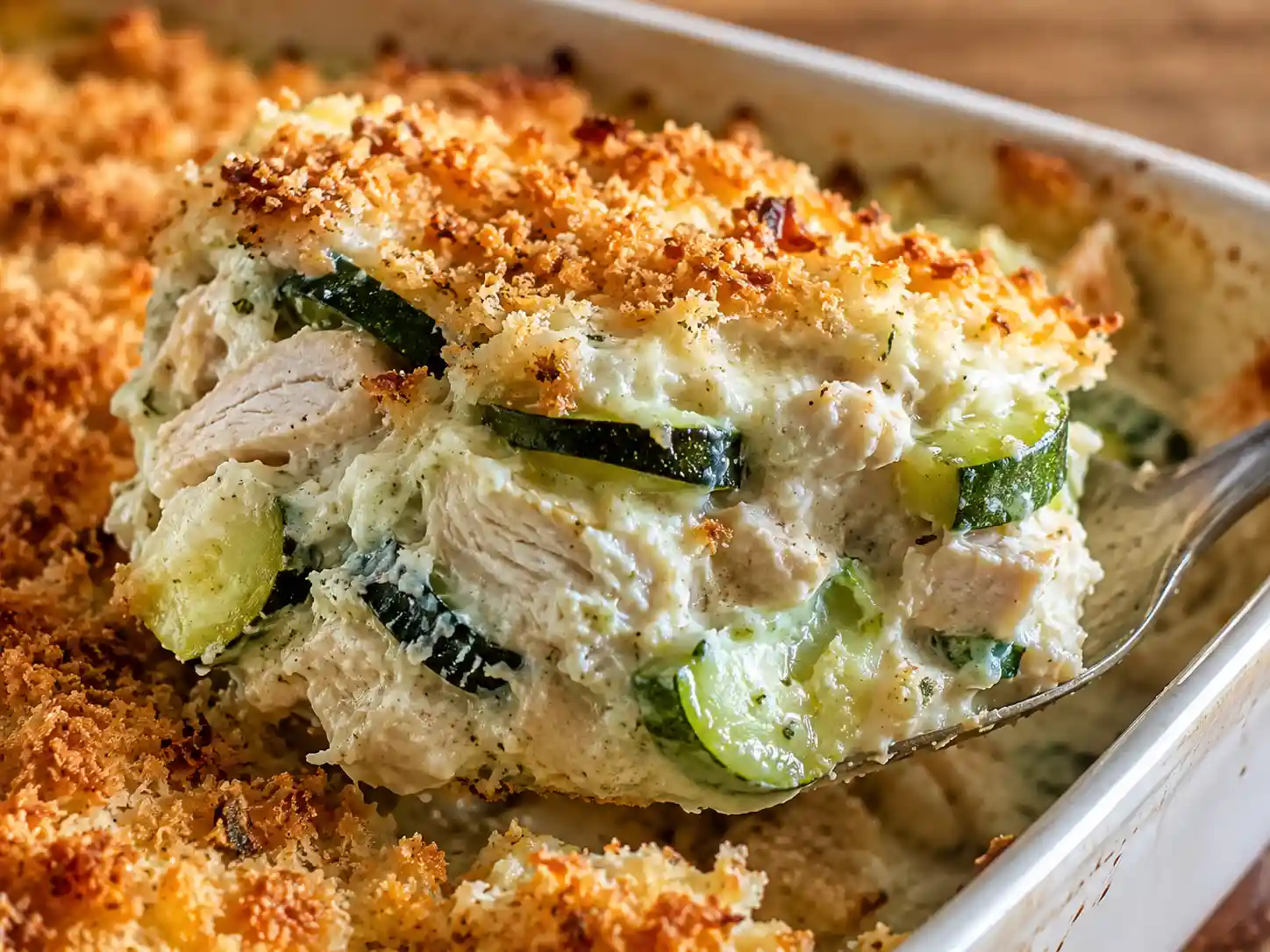 Close-up of creamy chicken zucchini casserole with visible chicken, zucchini, and crisp breadcrumb topping.