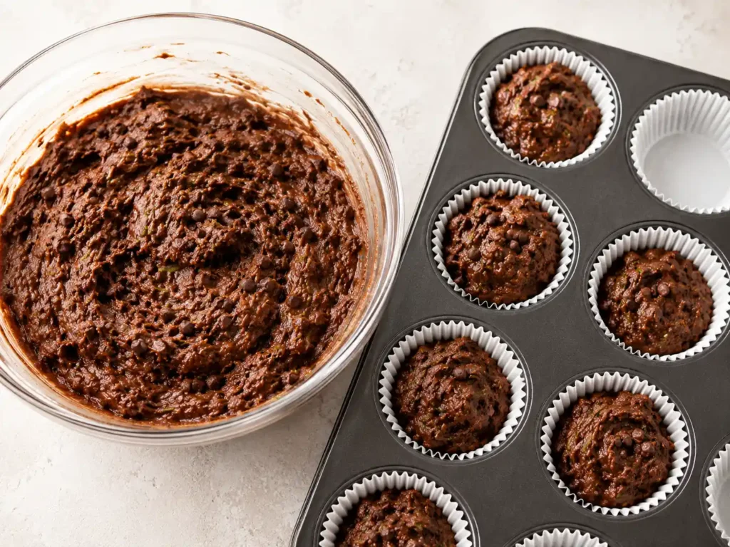 Chocolate zucchini muffin batter portioned into a muffin pan