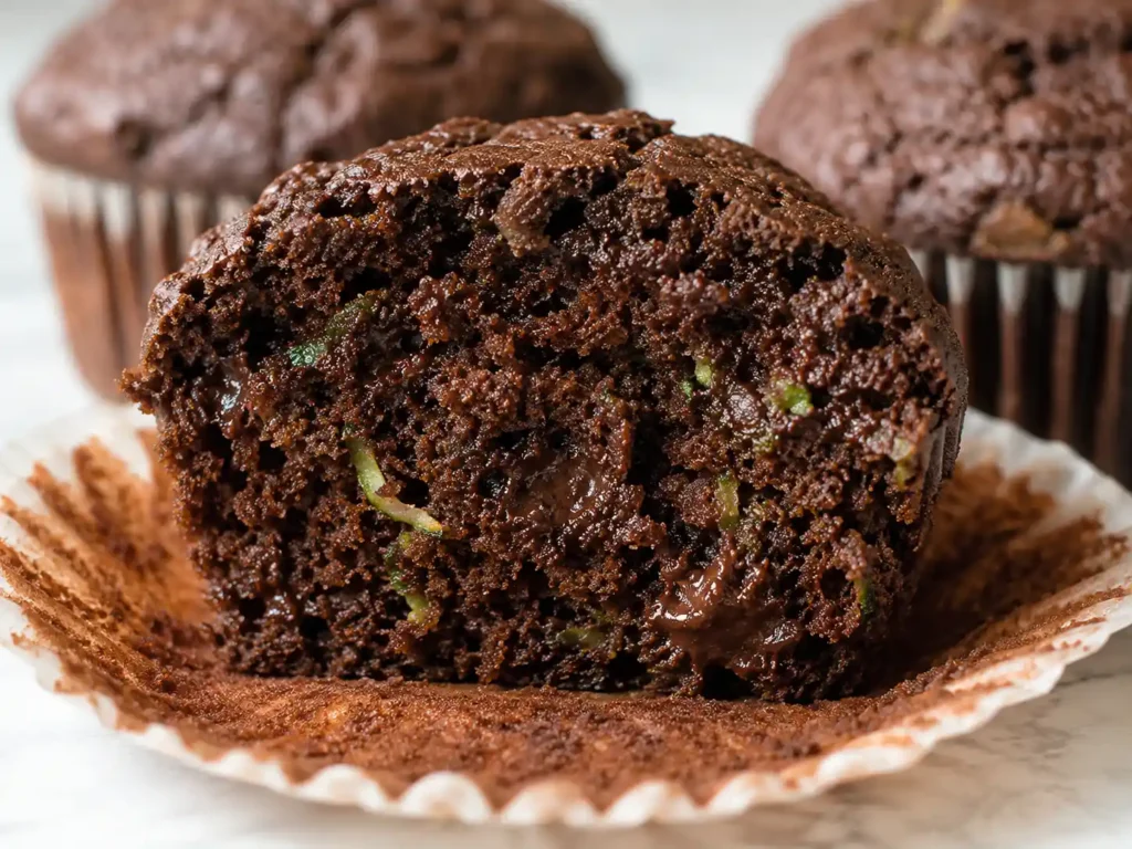 Close-up of the moist interior crumb of a chocolate zucchini muffin