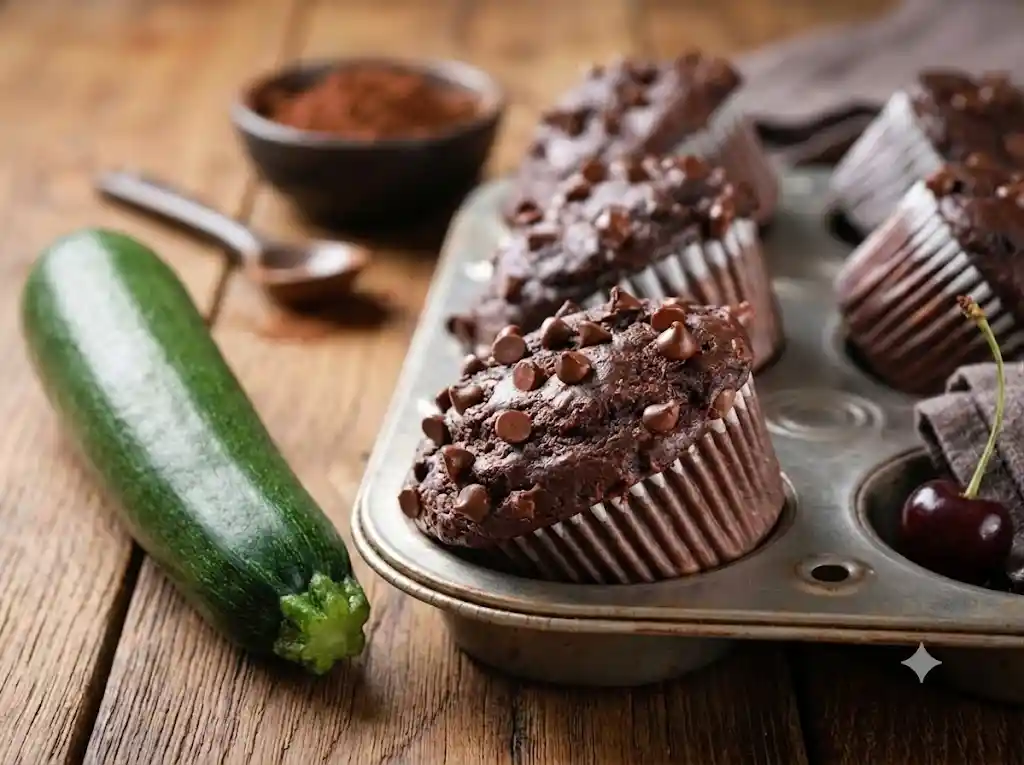 Fully baked chocolate zucchini muffins with chocolate chips in a metal muffin pan