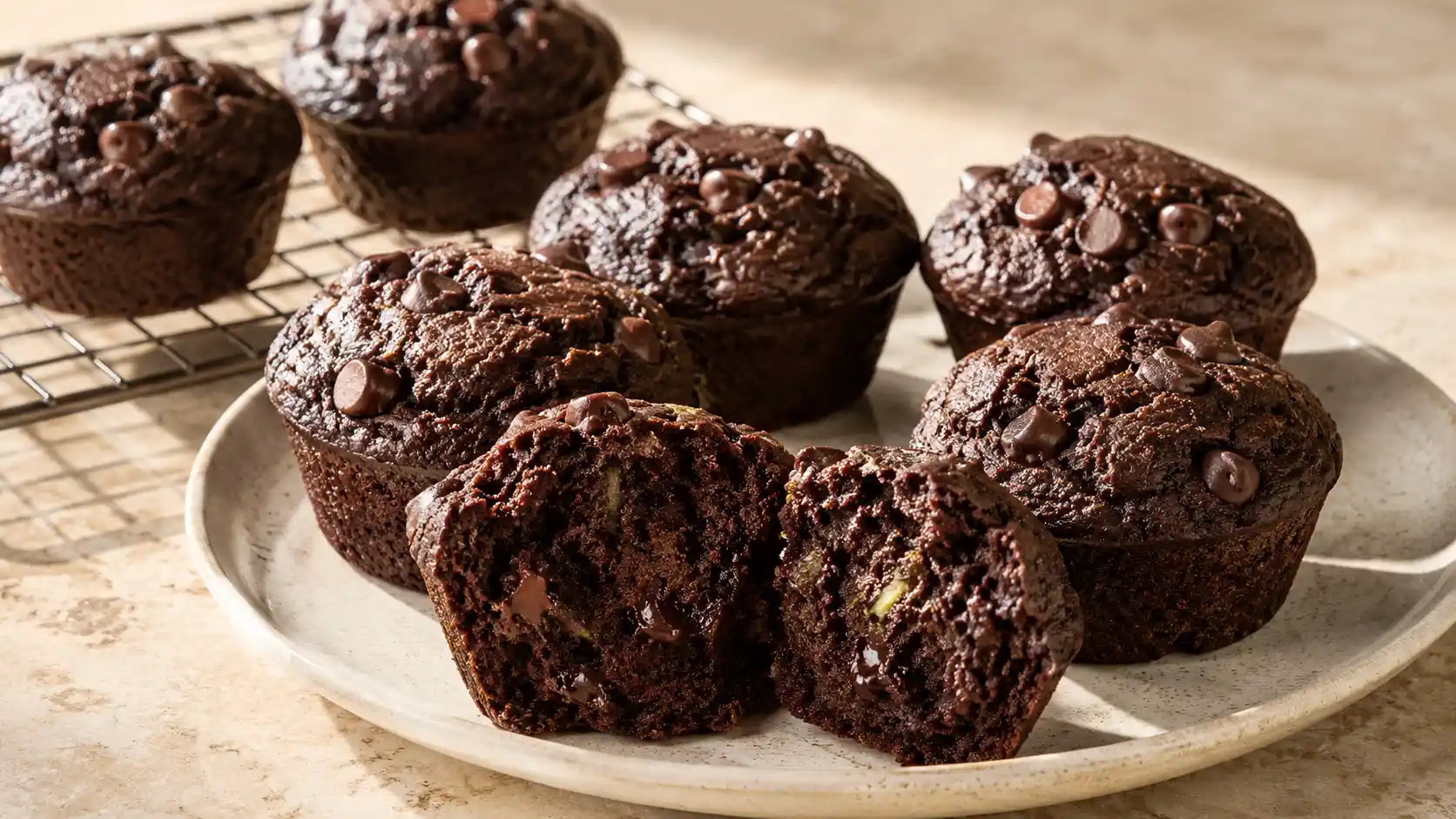 Chocolate zucchini muffins with one muffin opened to show the moist chocolate crumb