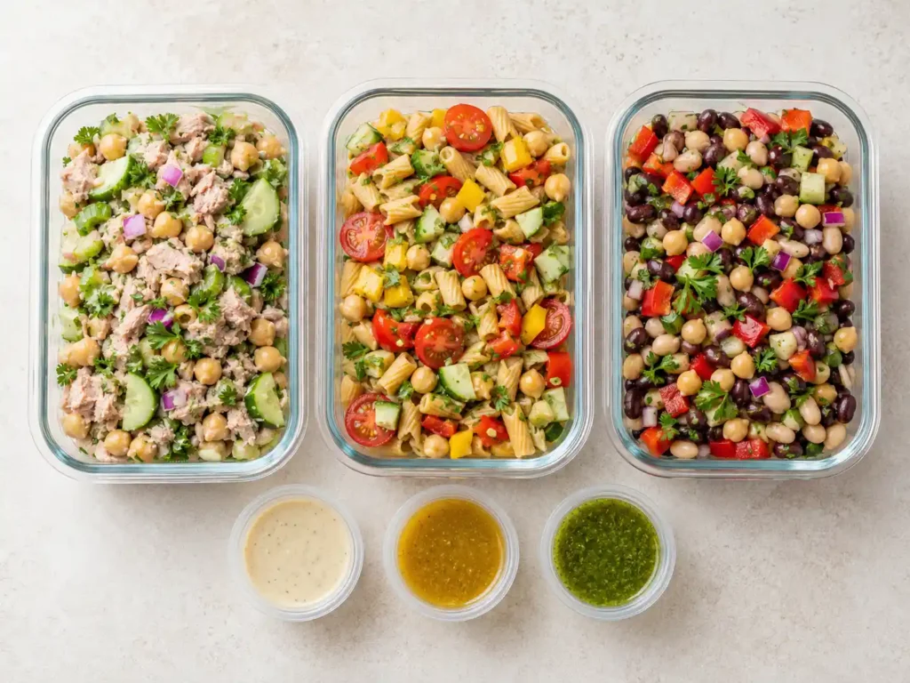 Tuna chickpea salad, protein pasta salad, and dense bean salad packed in meal prep containers.