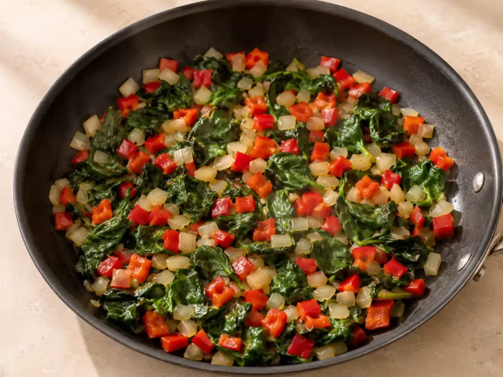 Cooked onion, bell pepper, and spinach in a skillet with excess moisture evaporated.