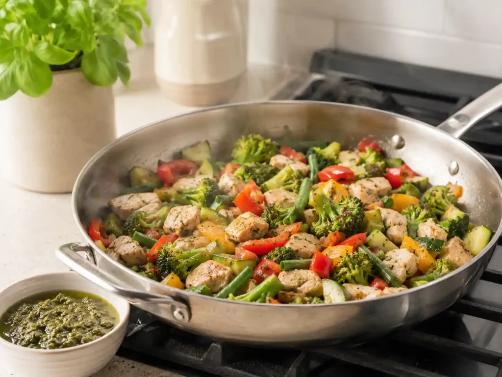 Chicken and vegetables cooking in a skillet before being mixed with basil pesto.
