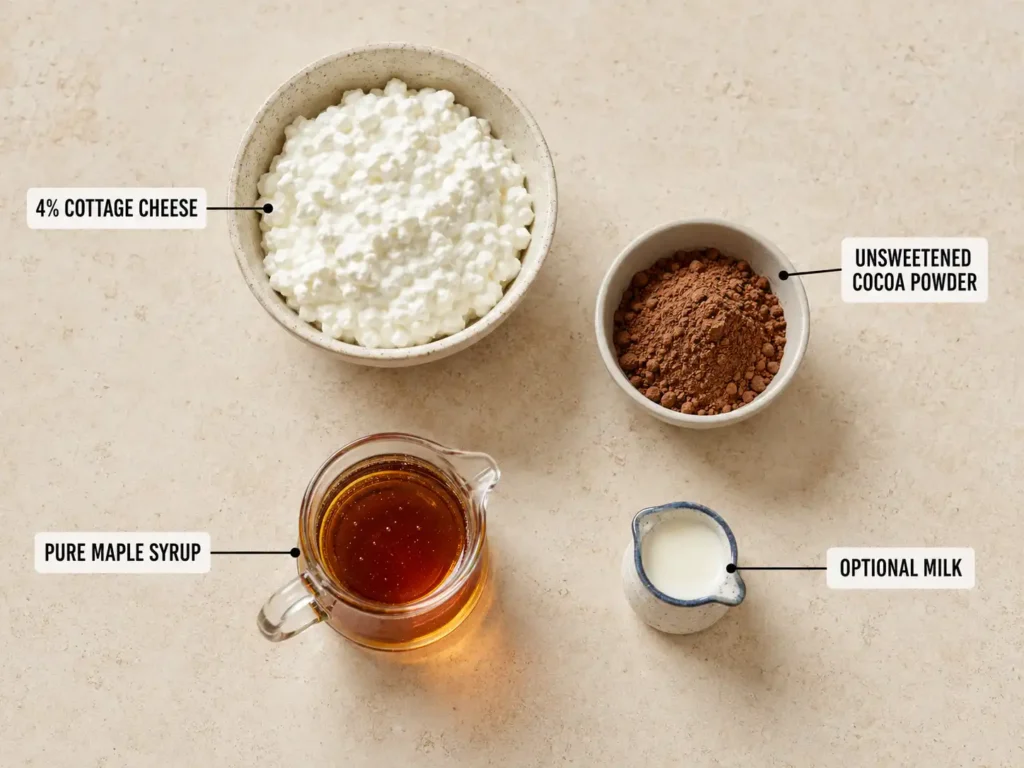 Labeled ingredients for cottage cheese chocolate pudding including cottage cheese, cocoa powder, maple syrup, and optional milk