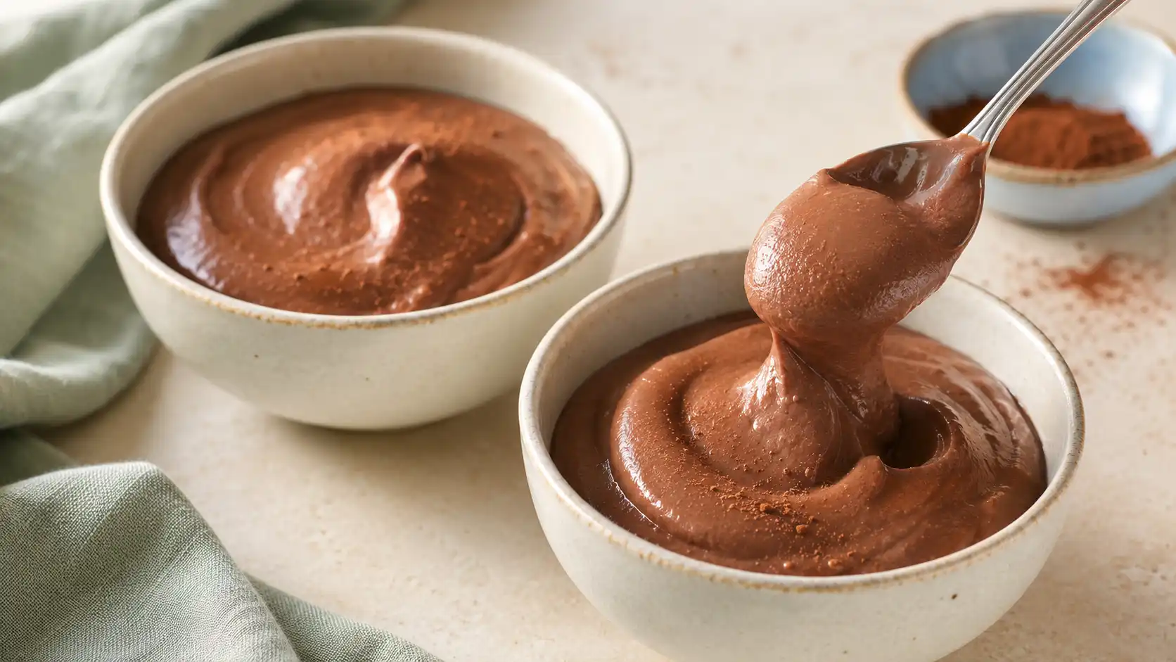 Smooth cottage cheese chocolate pudding in two small bowls with a spoonful lifted to show the creamy texture