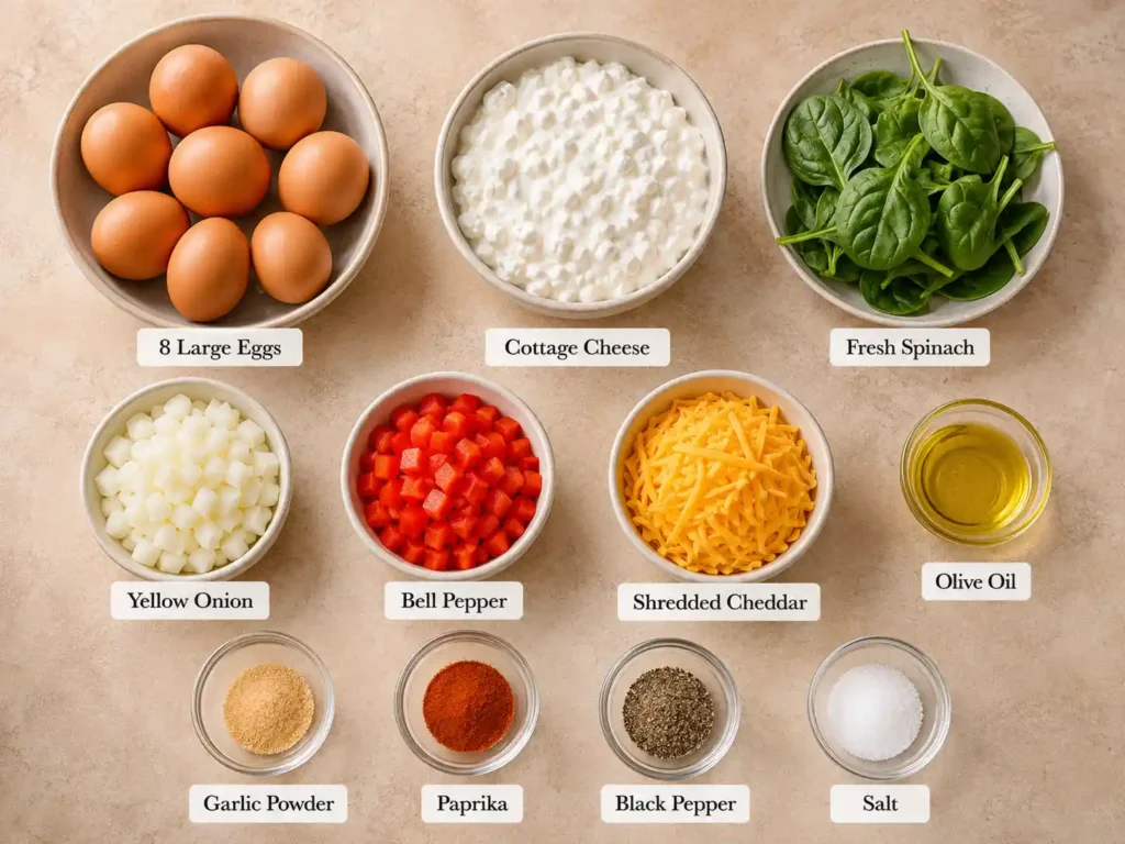 Labeled cottage cheese egg bake ingredients including eggs, cottage cheese, spinach, onion, bell pepper, cheddar, olive oil, and seasonings.